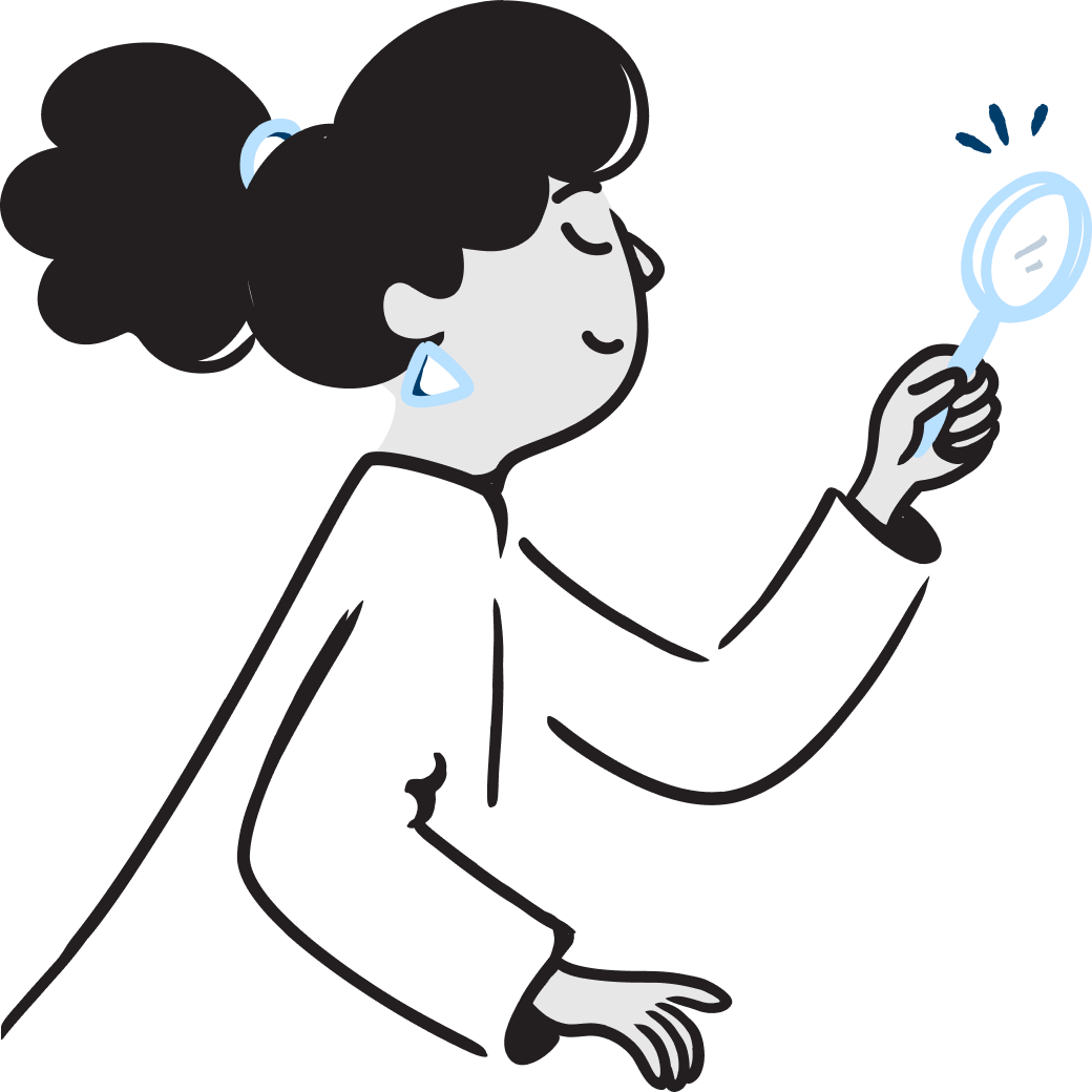 A simple, minimalist, and geometric character design of a woman with a magnify glass in her hand while stating at the case study underneath her.