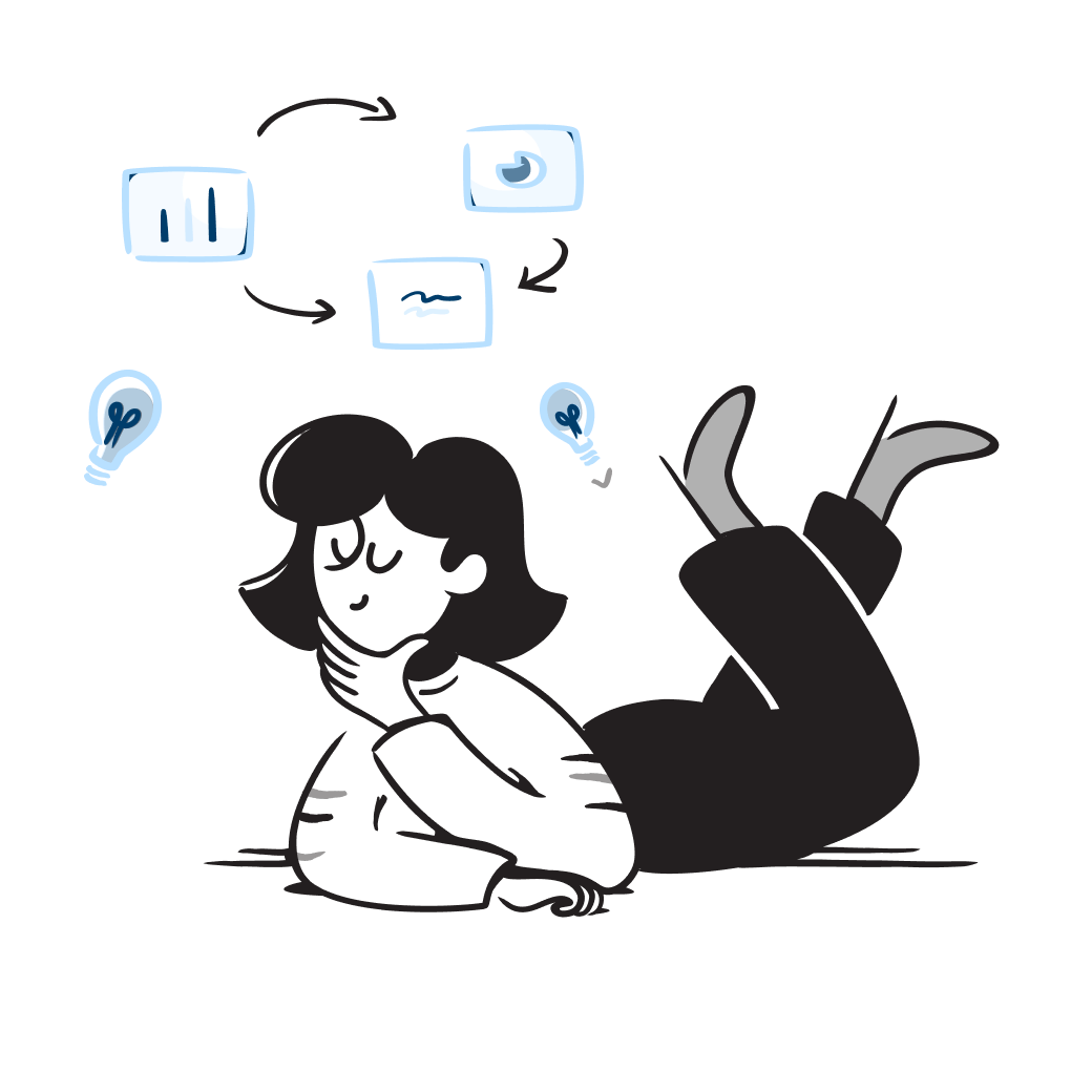 A simple, minimalist, and geometric character design of a woman thinking with a smile while laying down on her stomach. Above her head there is a diagram of 3 data graphs and lightbulbs